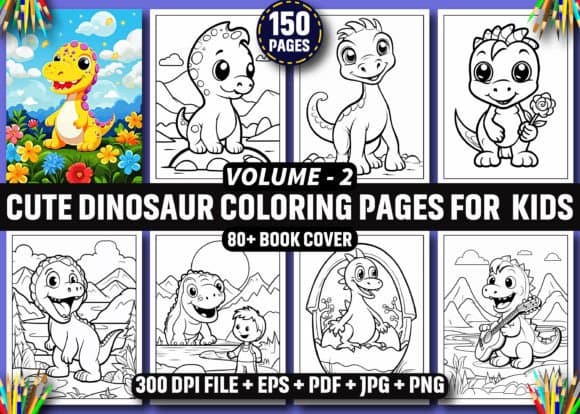 150 Cute Dinosaur Coloring Pages KDP coloring pages