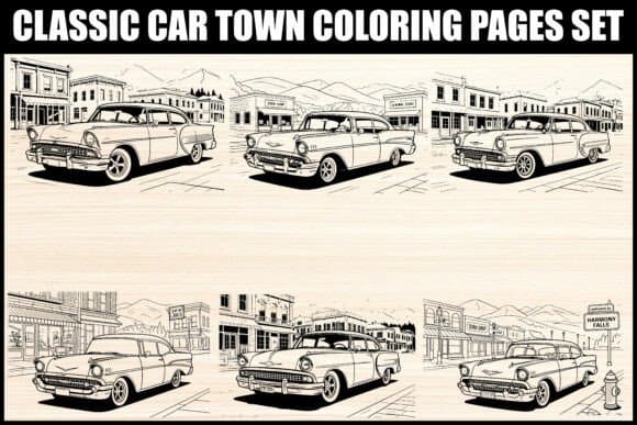 Classic Car Town Coloring Page Set coloring pages